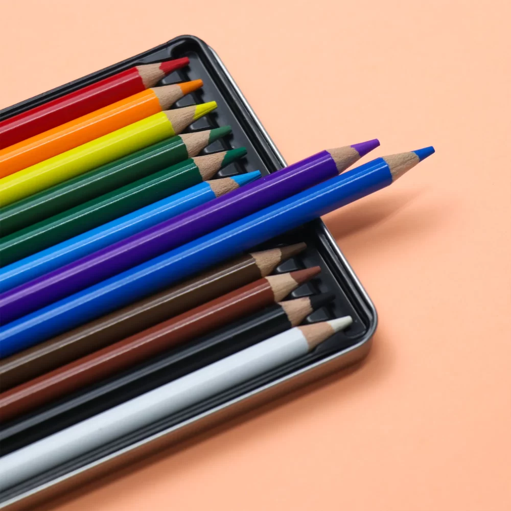 Colored pencils in iron box